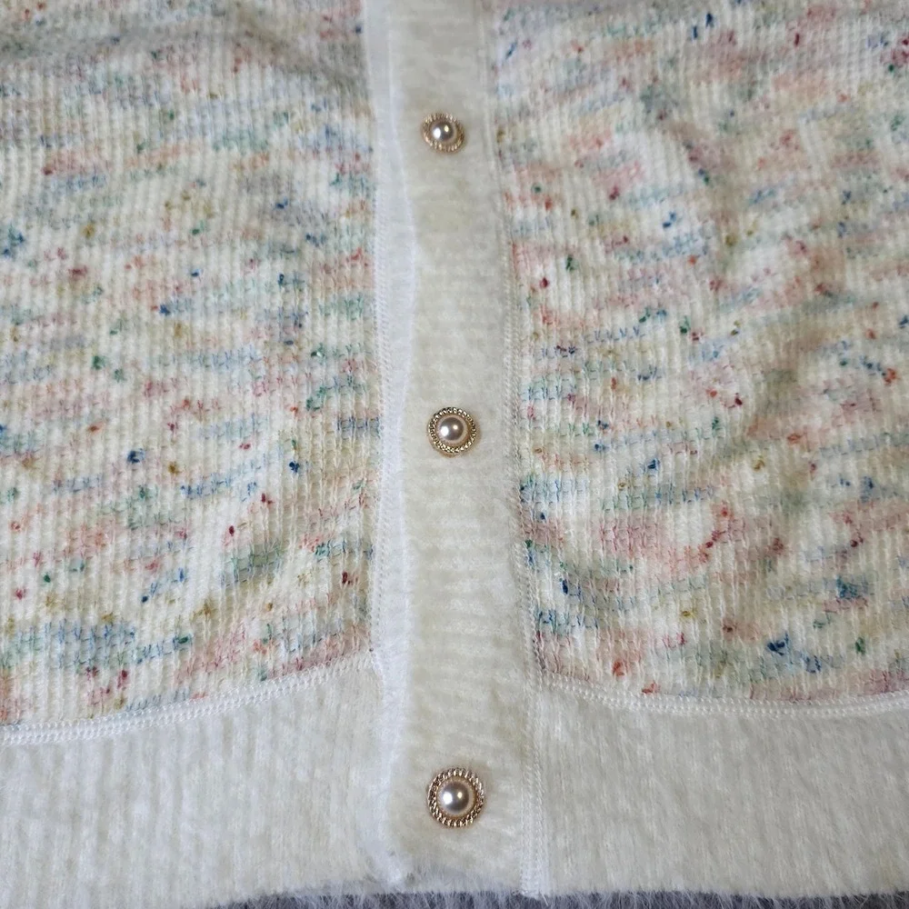 Cream Speckled Knit‎ Button Up Cardigan Pearl Buttons Cozy Academia
